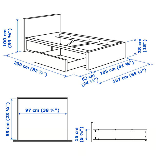 MALM Bed frame, high, w 2 storage boxes, white, Leirsund, 90x200 cm