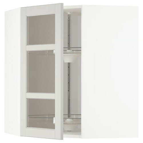 METOD Corner wall cab w carousel/glass dr, white, Lerhyttan light grey, 68x80 cm