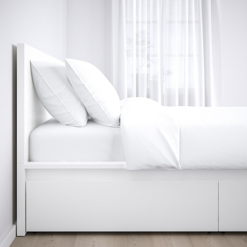 MALM Bed frame, high, w 4 storage boxes, white, Leirsund, 140x200 cm