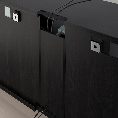 BESTÅ TV storage combination/glass doors, black-brown/Selsviken high-gloss/black clear glass, 300x42x231 cm