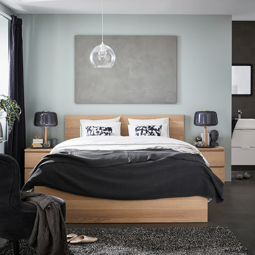 MALM Bed frame, high, white stained oak effect, Lönset, 180x200 cm