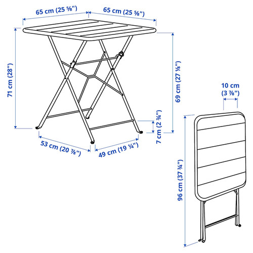 SUNDSÖ Table and 2 folding chairs, outdoor bright red/bright red Kuddarna light grey-beige, 65x65 cm
