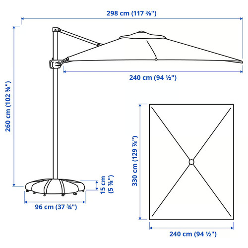 SEGLARÖ / IGGÖN Parasol, hanging with base, anthracite/dark grey, 330x240 cm