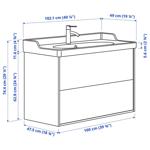 TÄNNFORSEN / RUTSJÖN Wash-stnd w drawers/wash-basin/tap, light grey, 102x49x74 cm
