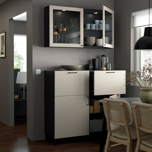 BESTÅ Storage combination w doors/drawers, black-brown Lappviken/Stubbarp/light grey-beige clear glass, 120x42x213 cm