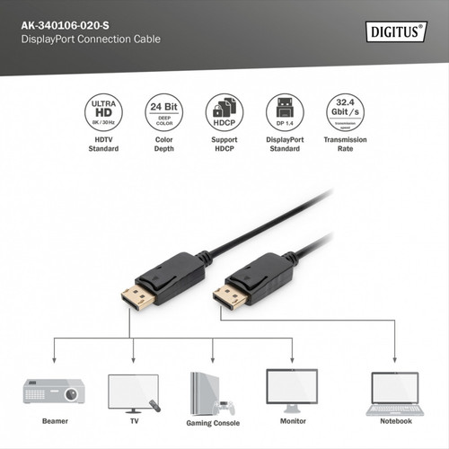 Assmann Connection Cable DisplayPort 8K 30Hz UHD Typ DP/DP M/M black 2m
