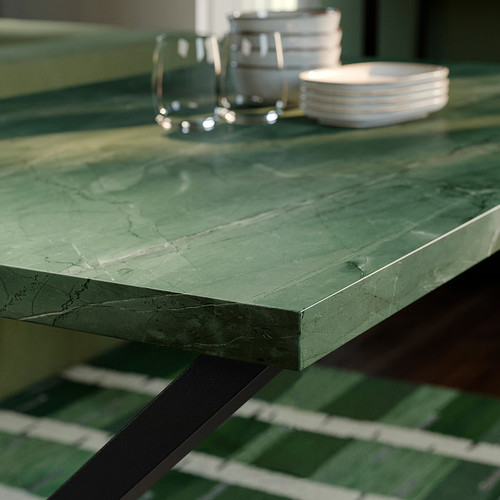 SKÅLSTA Table, dark grey-green marble effect/X-shaped black-grey, 140x80 cm