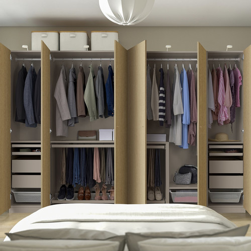 PAX / STORKLINTA Wardrobe combination, grey-beige/oak effect, 300x60x201 cm