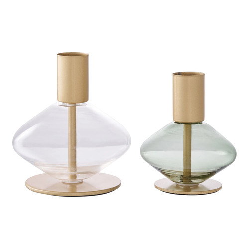 Set of Two Metal and Glass Candle Holders, gold/glass