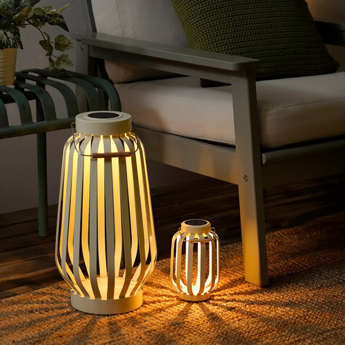 SOLVINDEN LED solar-powered floor lamp, beige/stripe, 42 cm