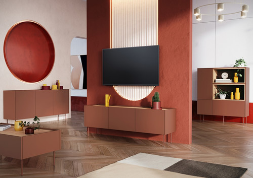Three-Door TV Cabinet with Drawers Desin 170, ceramic red/nagano oak