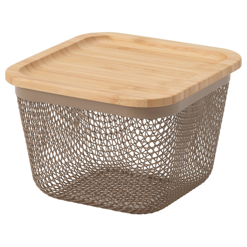 IKEA 365+ Food storage basket with lid, square metal/light grey-brown bamboo, 15x15x11 cm