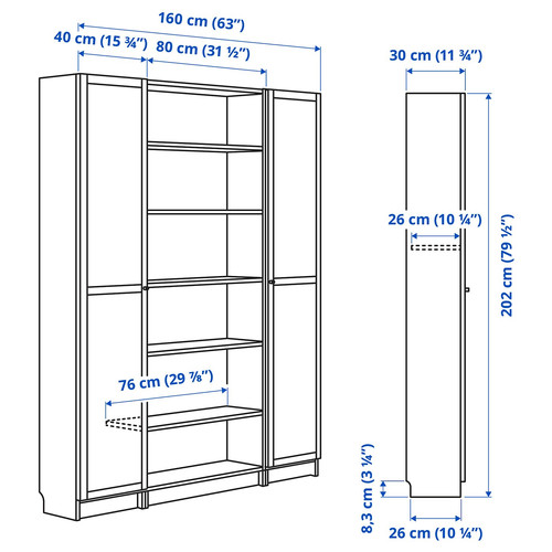 BILLY / OXBERG Bookcase combination w glass doors, white, 160x202 cm