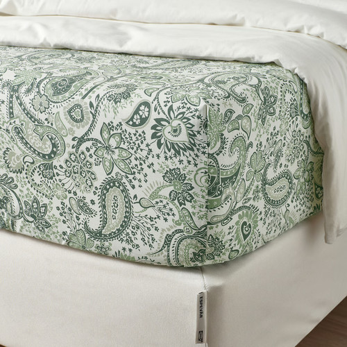RODGERSIA Fitted sheet, green/white, 90x200 cm