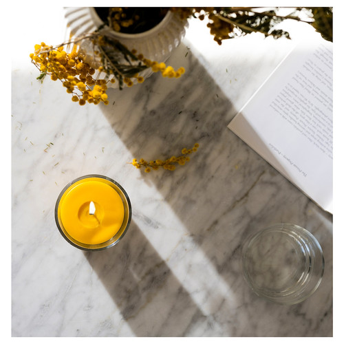 SVARTOXBÄR Scented candle in glass, Mimosa/yellow, 25 hr