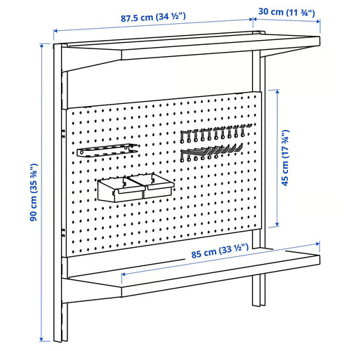 BROR Wall shelf combination, with pegboard/2 shelves/black, 88x30x90 cm