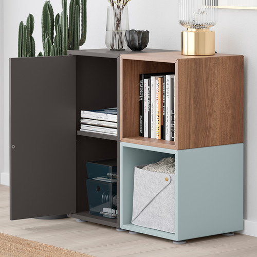 EKET Cabinet combination with feet, dark grey/walnut effect light grey-blue, 70x35x72 cm
