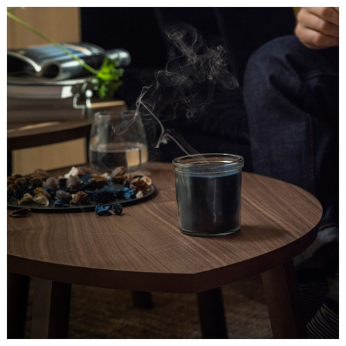 FRUKTSKOG Scented candle in glass, Vetiver & geranium/black-turquoise, 20 hr