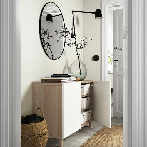 BESTÅ Storage combination with doors, white stained oak effect, Laxviken white, 120x40x74 cm