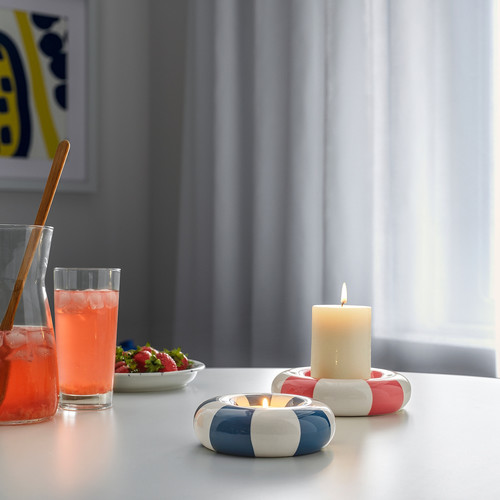TRÄDSTAM Tealight holder, dark blue/white, 4 cm
