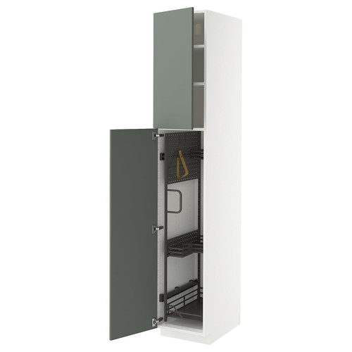 METOD High cabinet with cleaning interior, white/Nickebo matt grey-green, 40x60x220 cm