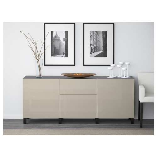 BESTÅ Storage combination with drawers, black-brown, Selsviken high-gloss beige, 180x40x74 cm