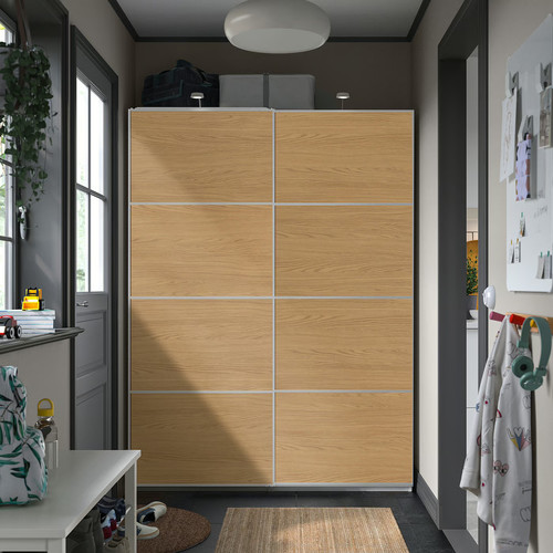 MEHAMN Pair of sliding doors, aluminium/double sided oak effect, 150x201 cm