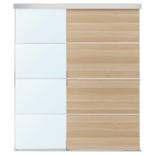 SKYTTA / MEHAMN/AULI Sliding door combination, aluminium double sided/white stained oak effect mirror glass, 177x205 cm