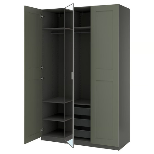 PAX/KAMMARTORP/GRIMO Wardrobe combination, dark grey/mirror glass grey-green, 150x60x236 cm