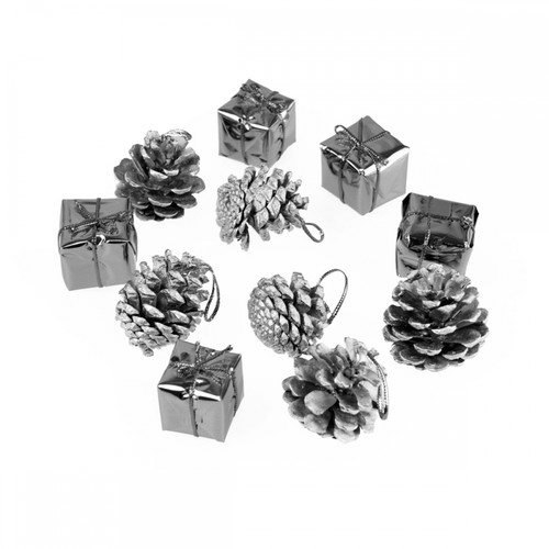 Gift and Pine Cone Christmas Ornaments, Silver, Pack of 12