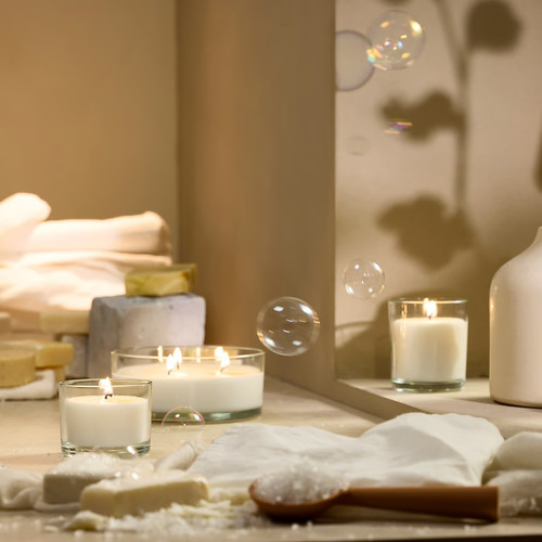 LOTSFÅGEL Scented candle in glass, 3 wicks, Fresh linen white, 25 hr