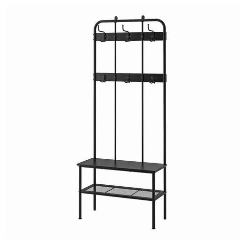 NIPÅSEN Coat rack and bench w shoe storage, black, 190x35x79 cm