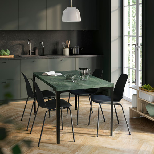 SKÅLSTA Table, dark grey-green marble effect/straight black-grey, 140x80 cm