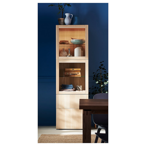 BESTÅ Storage combination w glass doors, white stained oak effect, Lappviken white stained oak eff, clear glass, 60x42x192 cm