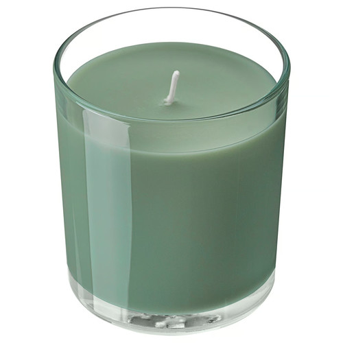 LOTSFÅGEL Scented candle in glass, Fig leaf green, 40 hr