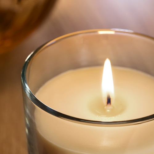LOTSFÅGEL Scented candle in glass, Peach light orange, 20 hr