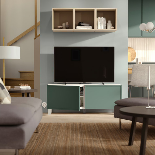 BESTÅ TV bench with doors, white/Krukmakare dark grey-green, 120x42x48 cm