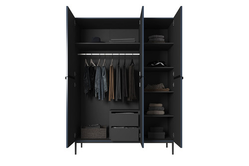 Wardrobe Nicole with Drawer Unit 150 cm, dark blue, black handles and legs