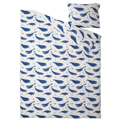 BLÅVINGAD Duvet cover and pillowcase, whale pattern blue/white, 150x200/50x60 cm
