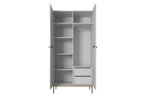 Two-Door Wardrobe Nicole with Drawers Inside & Metal Legs 100 cm, matt white/gold
