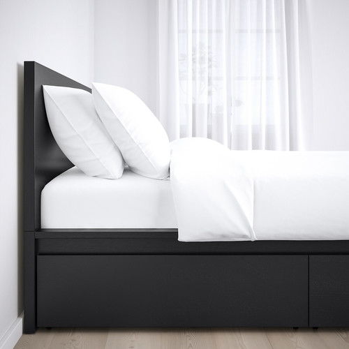 MALM Bed frame, high, w 2 storage boxes, black-brown, Luröy, 160x200 cm