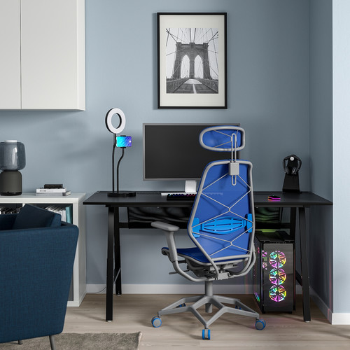 UTESPELARE / STYRSPEL Gaming desk and chair, black blue/light grey