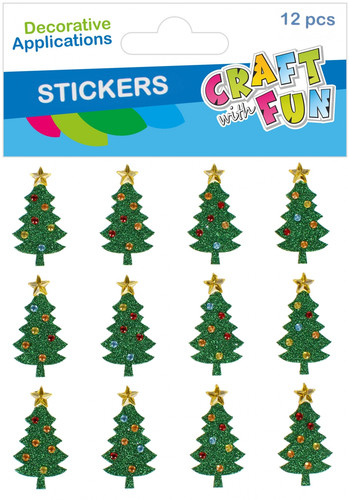 CRAFT WITH FUN Glitter Foam Christmas Tree Stickers, Green, 12 pcs