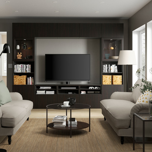 BESTÅ TV storage combination/glass doors, black-brown/Lappviken black-brown clear glass, 300x42x231 cm