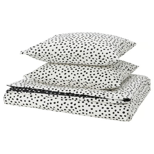 BJÖRKGRÅMAL Duvet cover and 2 pillowcases, black white/dotted, 200x200/50x60 cm