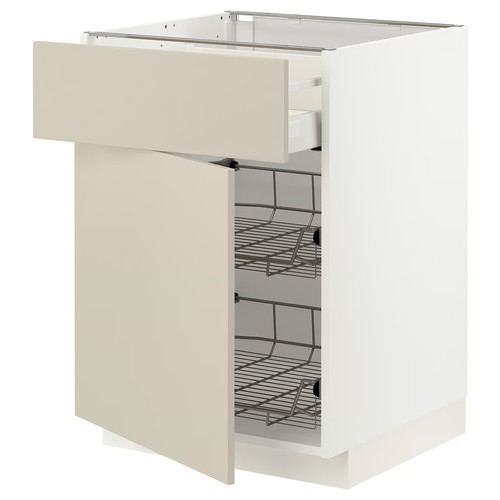 METOD / MAXIMERA Base cab w wire basket/drawer/door, white/Havstorp beige, 60x60 cm