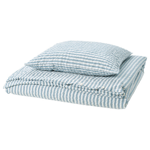 SMÅNUNNEÖRT Duvet cover and pillowcase, dark grey-blue white/striped, 150x200/50x60 cm