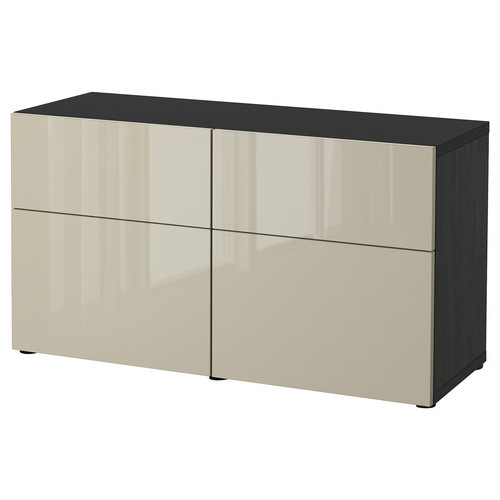 BESTÅ Storage combination w doors/drawers, black-brown/Selsviken high-gloss/beige, 120x42x65 cm