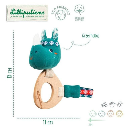 LILLIPUTIENS Rattle with Wooden Teether Marius Rhino ECO 3m+