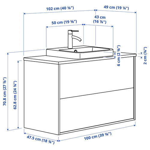ÄNGSJÖN / BACKSJÖN Wash-stnd w drawers/wash-basin/tap, high-gloss white/grey stone effect, 102x49x71 cm